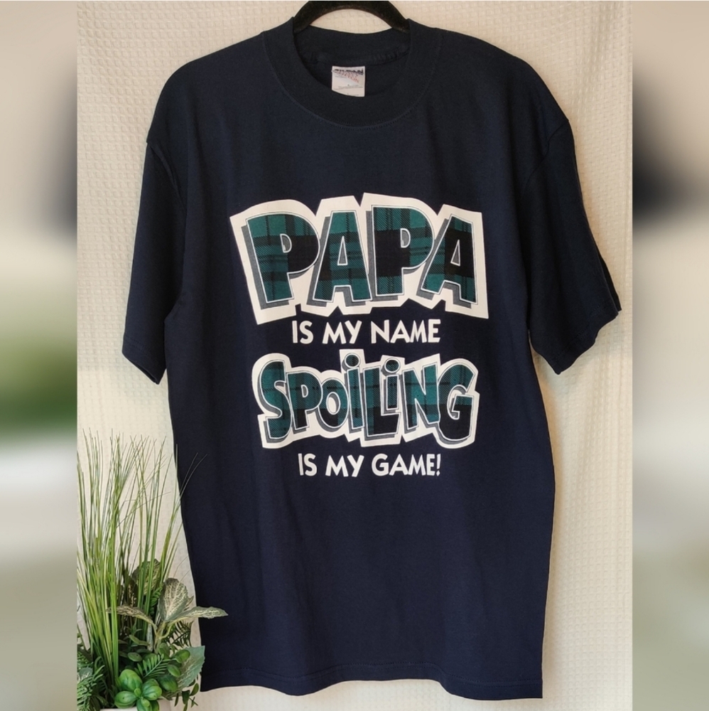 Gildan Men's Navy Blue T-shirt "Papa Is My Name Spoiling Is My Game!" Size L